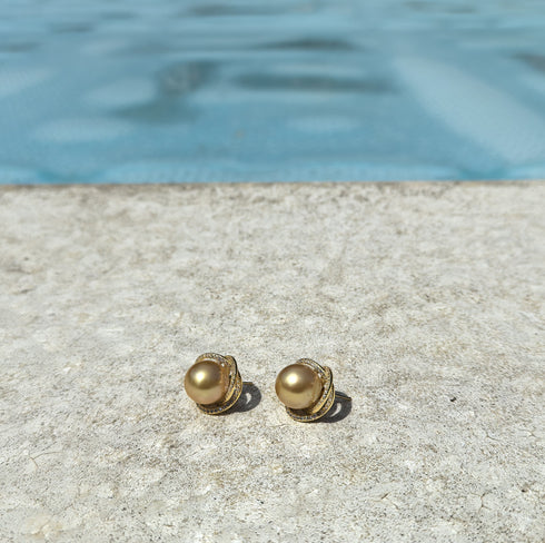 Golden South Sea Pearl 11.0-12.0mm & CZ Rose Pendant Necklace